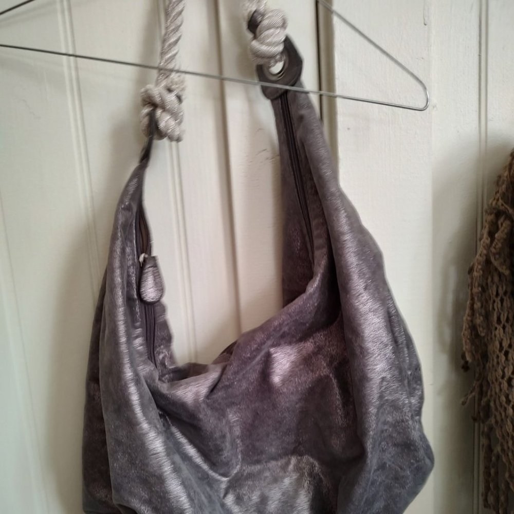 Charlotte Russe Shoulder Bag Gray with white rope handles.